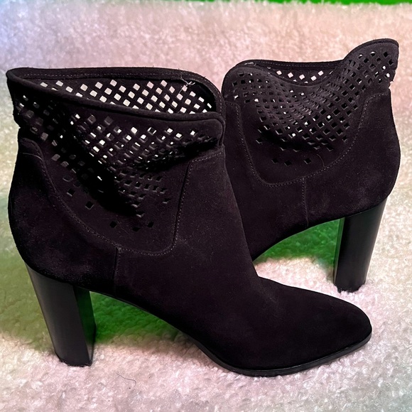 Diane Von Furstenberg | Suede Ankle Bootie | Mesh Design | in Black - Picture 1 of 13